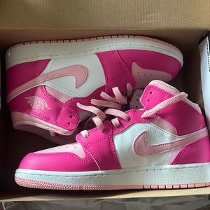 Size 6Y Air Jordans 1MID in white/med soft pink . Fierce Pink FD8780 116